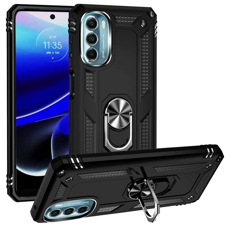Black shockproof phone case with metal ring kickstand and raised camera protection
