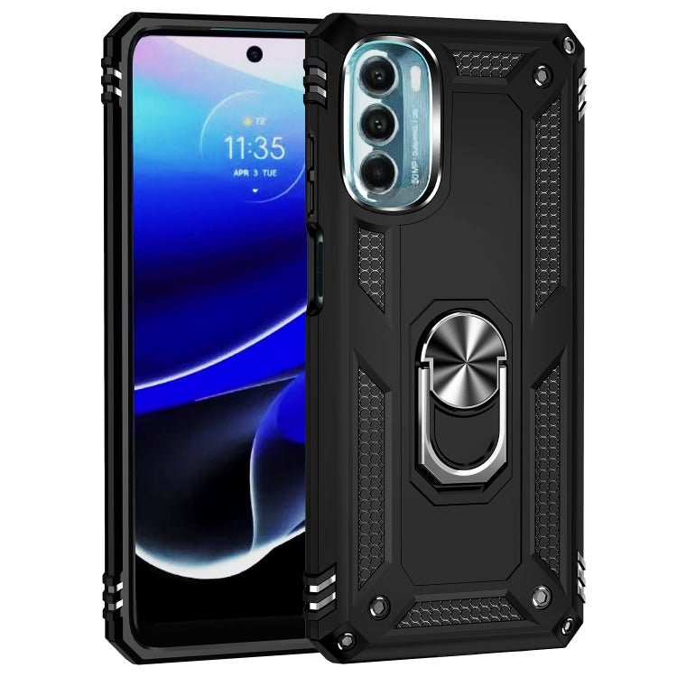 Black shockproof phone case with metal ring kickstand, textured grip edges