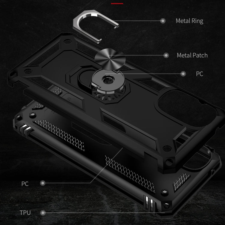 Black shockproof TPU and PC phone case with metal ring and reinforced corners