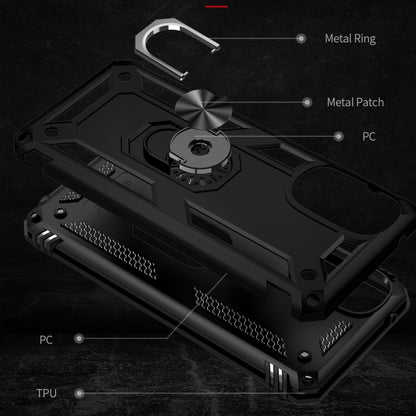 Black shockproof TPU and PC phone case with metal ring and reinforced corners
