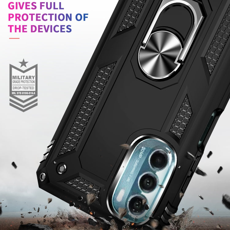 Black shockproof phone case with metal ring kickstand, durable shockproof bumper