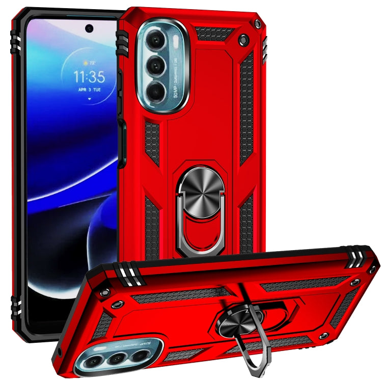 Red shockproof phone case with metal ring kickstand and raised camera protection