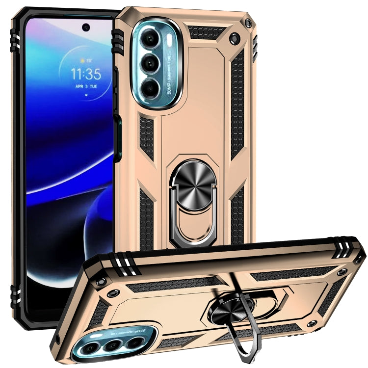 Rugged shockproof phone case with ring kickstand, gold TPU+PC, raised camera cutouts