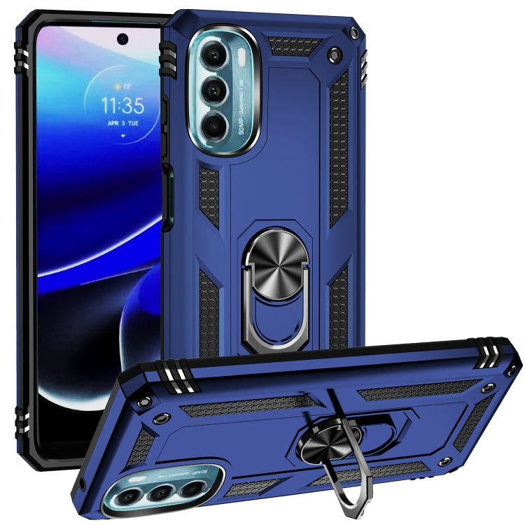 Rugged shockproof phone case with ring kickstand, blue TPU+PC, raised camera cutouts