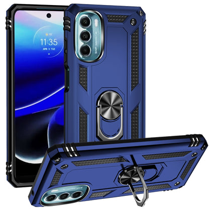 Rugged shockproof phone case with ring kickstand, blue TPU+PC, raised camera cutouts