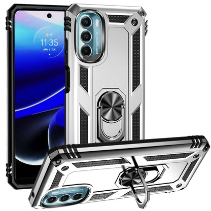 Rugged shockproof phone case with ring kickstand, silver TPU+PC, raised camera cutouts