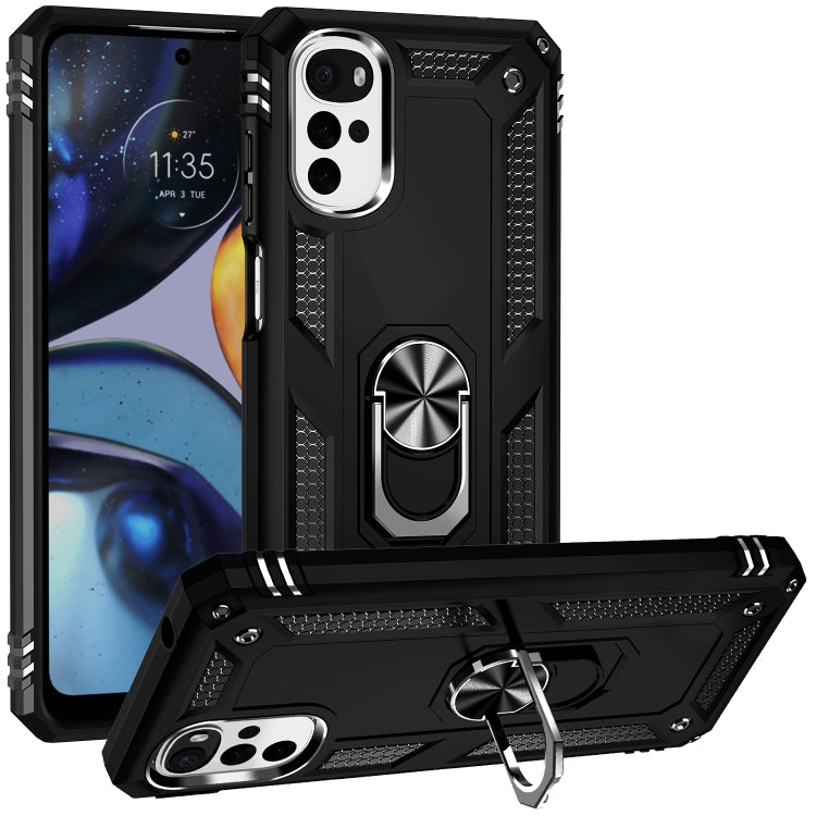Black shockproof phone case with metal ring kickstand and front and back coverage