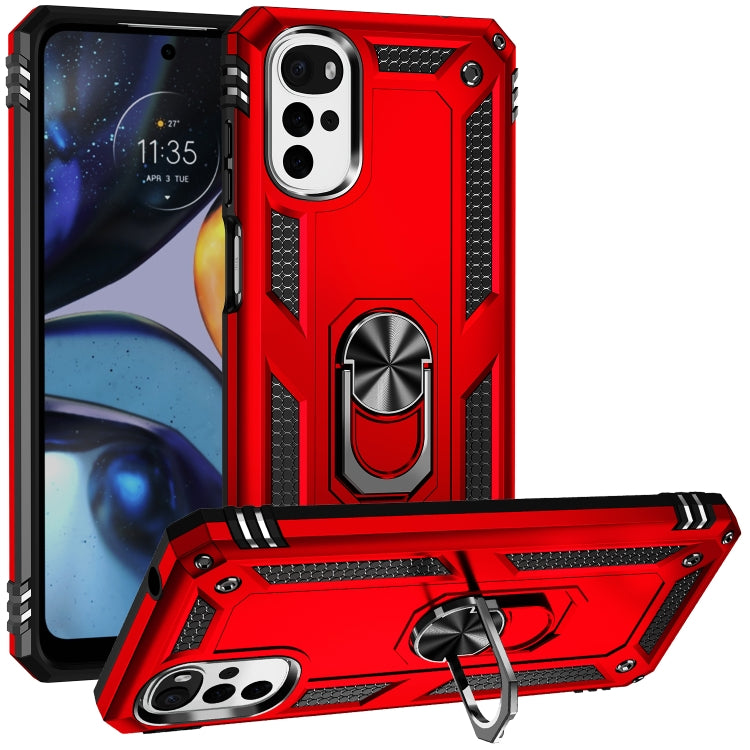 Red shockproof phone case with metal ring kickstand, textured grip edges