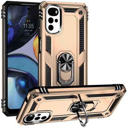 Rugged shockproof phone case with ring kickstand, gold TPU+PC, side grips visible, raised cameras