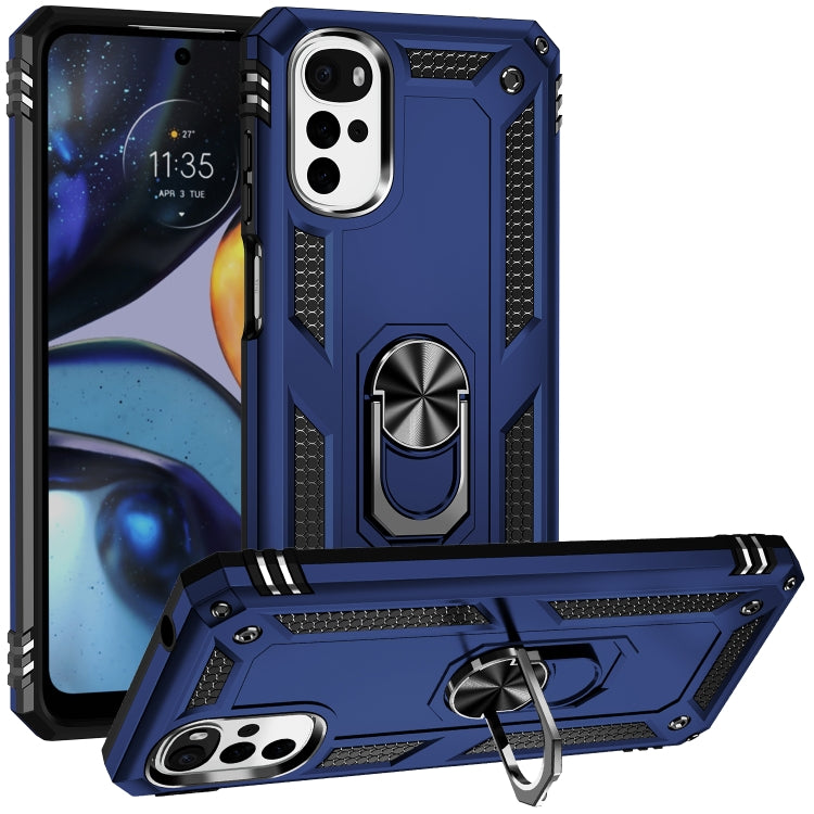 Rugged shockproof phone case with ring kickstand, blue TPU+PC, kickstand ring centered