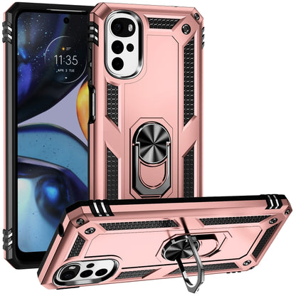Rugged shockproof phone case with ring kickstand, rose gold TPU+PC, textured side grips