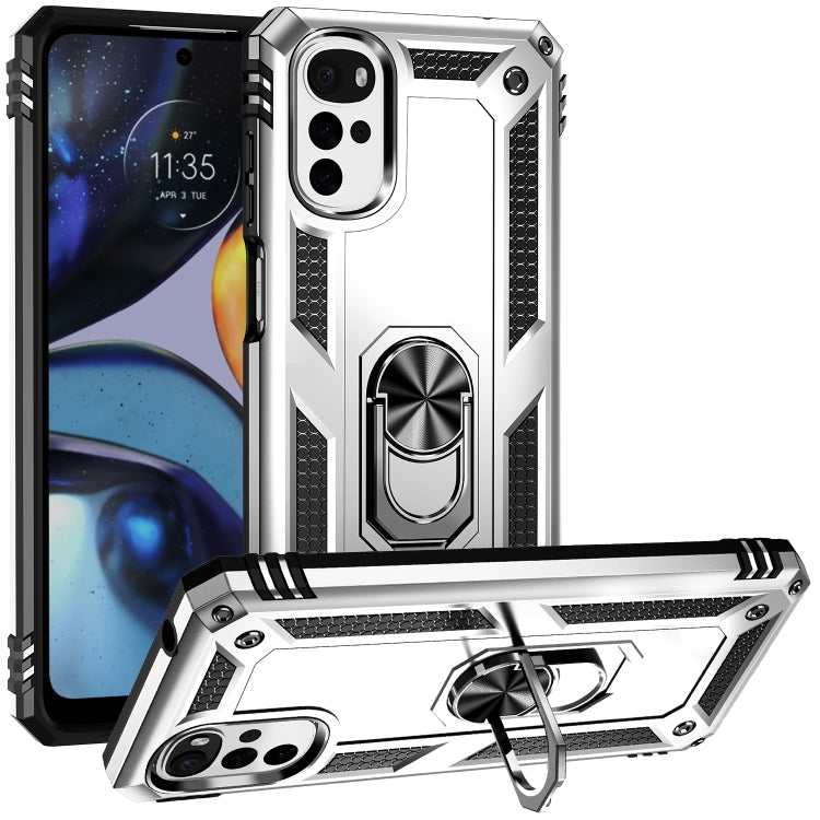 Rugged shockproof phone case with ring kickstand, silver TPU+PC, textured back panel and grips