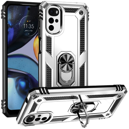 Rugged shockproof phone case with ring kickstand, silver TPU+PC, textured back panel and grips