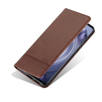 Dark brown leather wallet-style phone case with card slot panel and magnetic flap