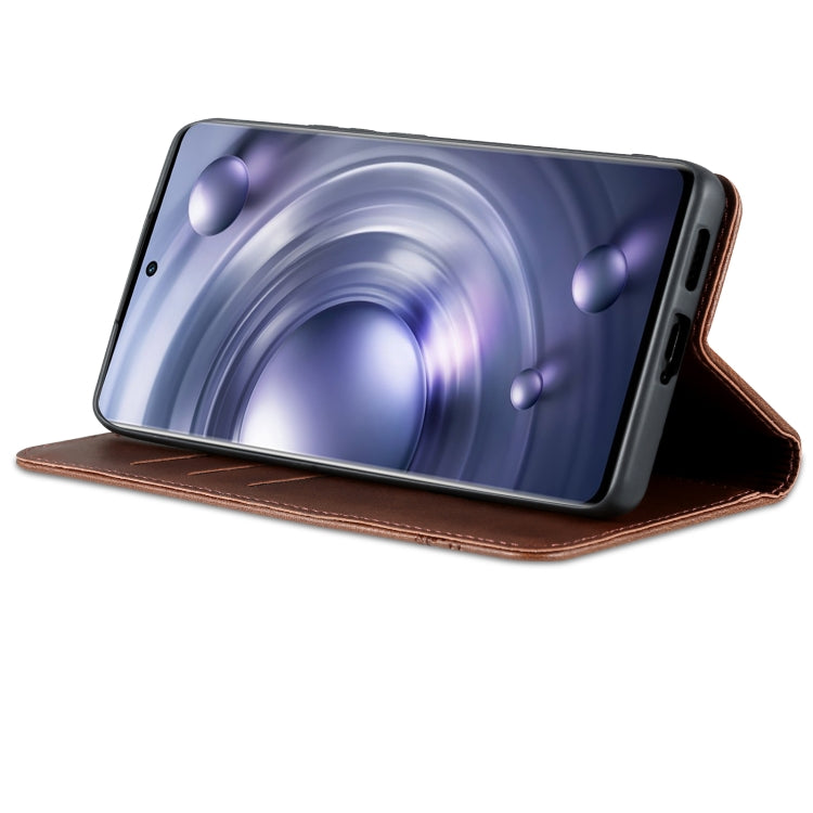 Dark brown leather flip phone case prop-up stand view