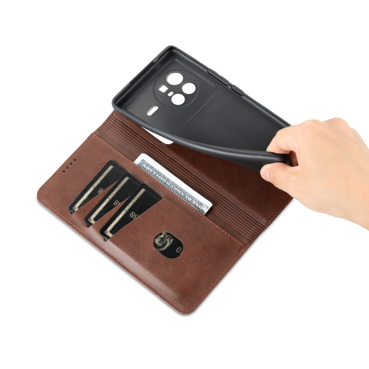 Dark brown leather wallet phone case showing card slots and inner divider