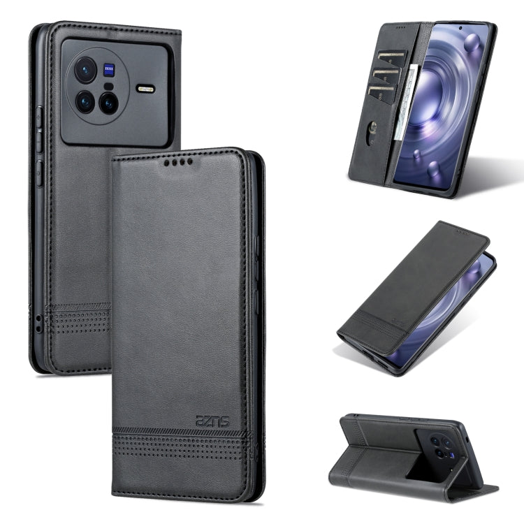 Leather phone case with magnetic flap, textured finish, dark gray/black, card slot
