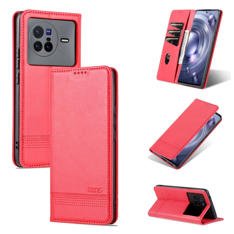 Leather phone case with magnetic flap, textured finish, red, card slot