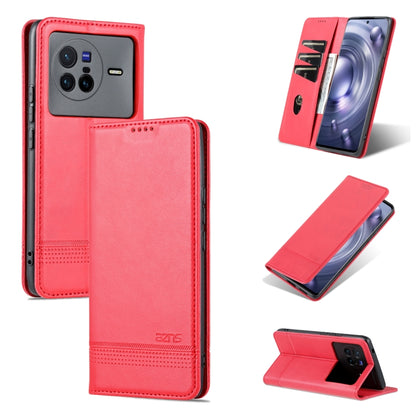 Leather phone case with magnetic flap, textured finish, red, card slot