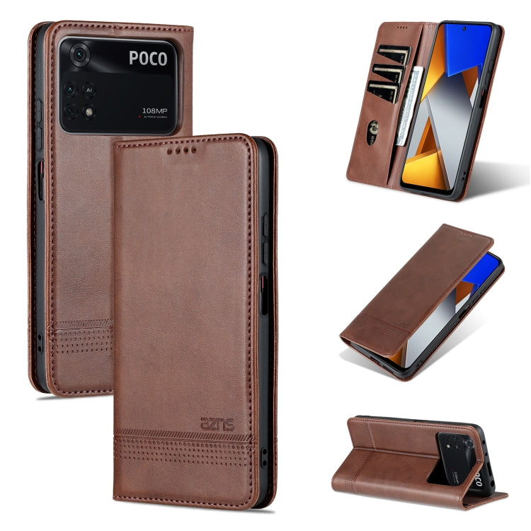 Leather phone case with magnetic flap, textured finish, brown, card slot