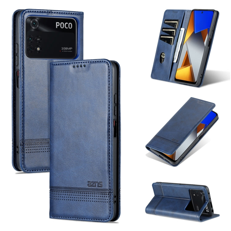 Leather phone case with magnetic flap, textured finish, dark blue, card slot
