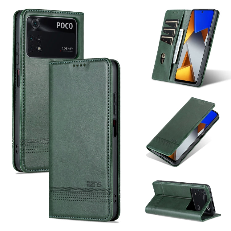 Leather phone case with magnetic flap, textured finish, dark green, card slot