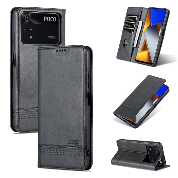 Leather phone case with magnetic flap, textured finish, dark gray, card slot