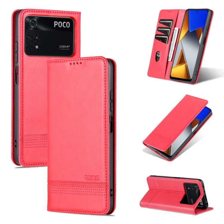 Leather phone case with magnetic flap, textured finish, red, card slot