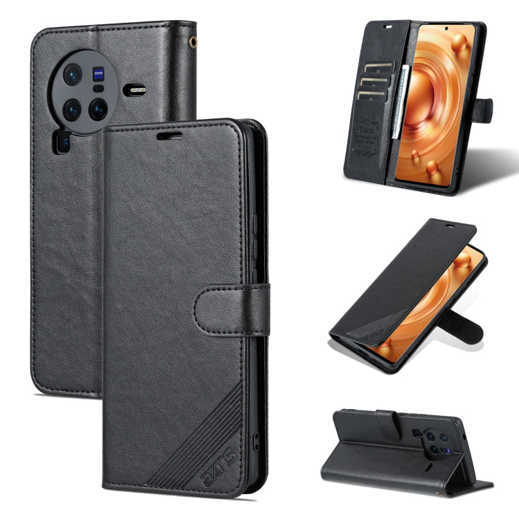 AZNS flip leather phone case for vivo X80, black folio with card slots and stand