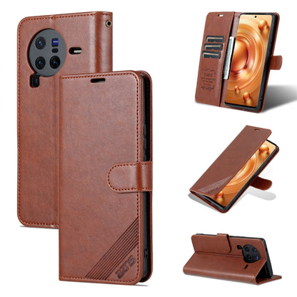 AZNS flip leather phone case for vivo X80, brown folio with kickstand and camera cutout