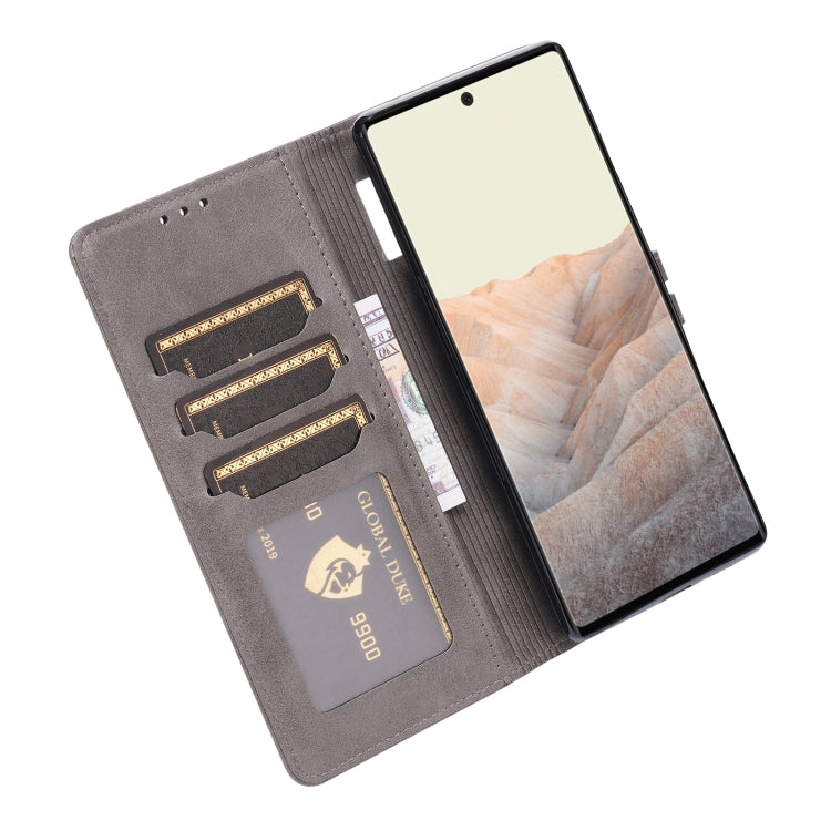 Grey folio phone case open view with card holder panel and kickstand support.