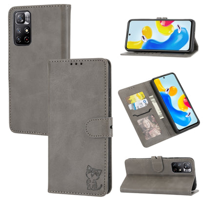 Grey embossed cat leather flip phone case with side camera cutout, card holder, stand