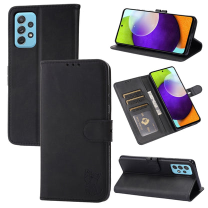 Black embossed cat pattern leather wallet phone case with flip cover, card slots, stand