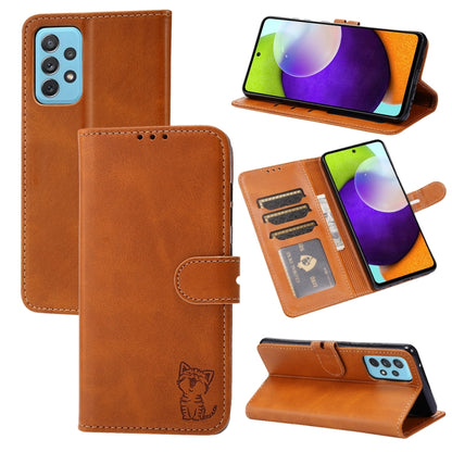 Embossed happy cat leather phone case folio with card slot and flip stand, caramel
