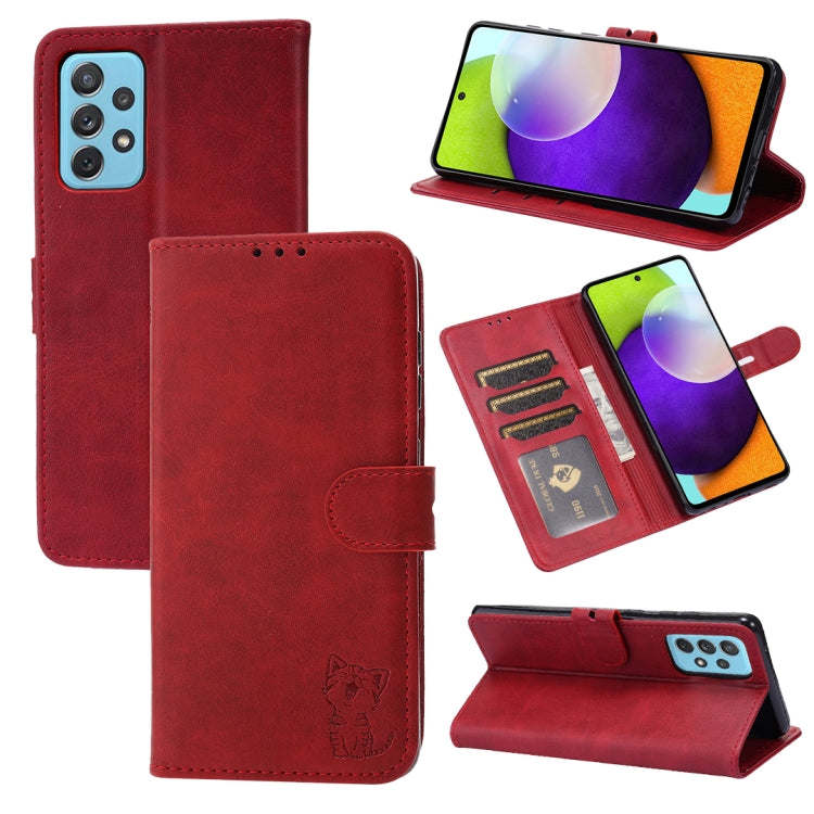 Red leather folio phone case with embossed happy cat, card slot, and viewing stand