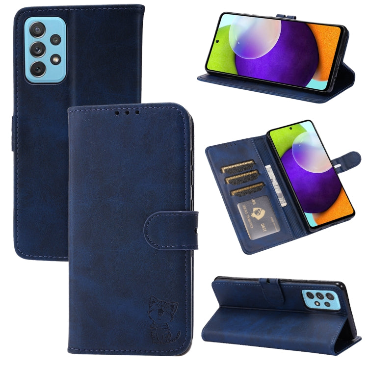Navy leather folio phone case with embossed cat, card slot, and stand cover