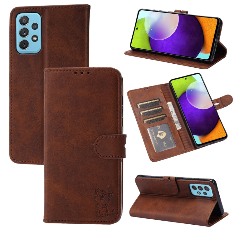 Brown embossed cat pattern leather wallet phone case with magnetic strap and card holder