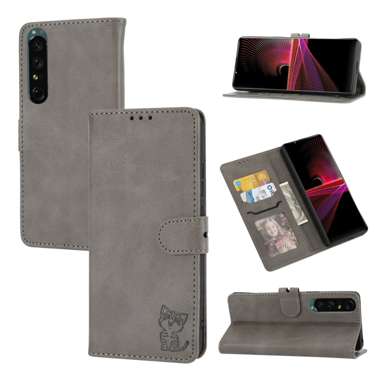 Embossed happy cat leather phone case folio with card slot and flip stand, grey