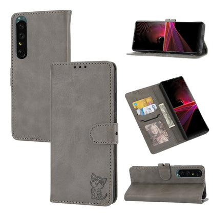Embossed happy cat leather phone case folio with card slot and flip stand, grey