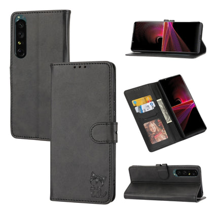 Gray leather folio phone case with embossed happy cat, card slots, and stand cover