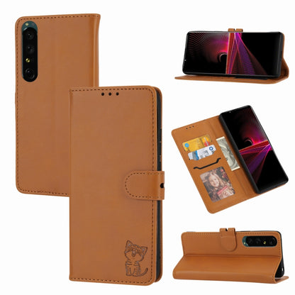 Brown embossed cat leather phone case, flip cover with card slots