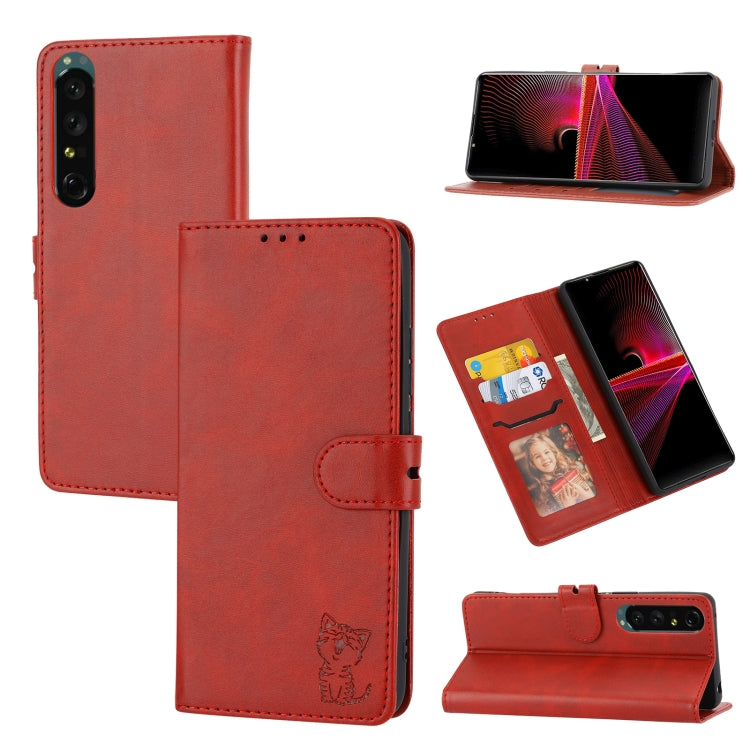 Red embossed cat leather phone case, flip folio with card slots and stand