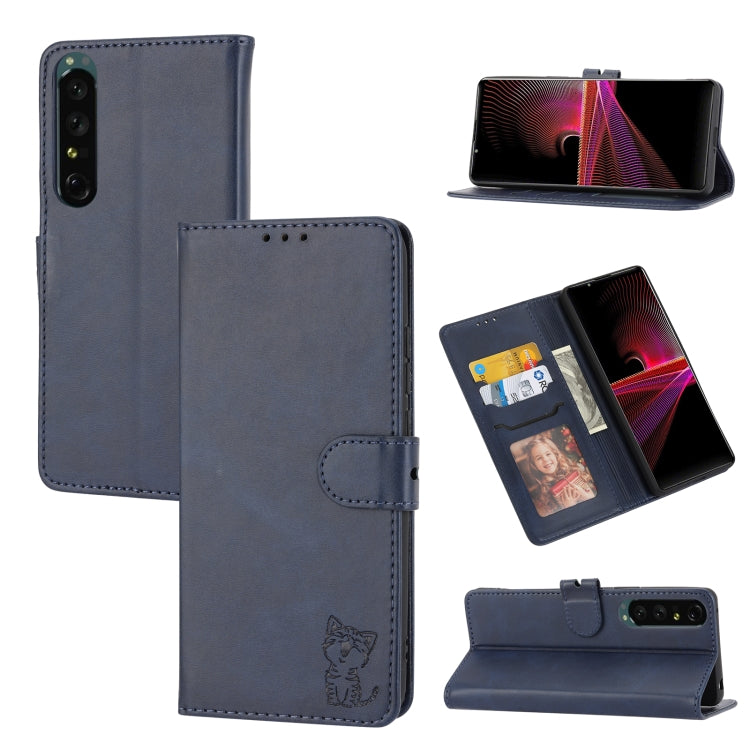 Dark blue leather folio phone case with embossed cat, card slot, and stand cover