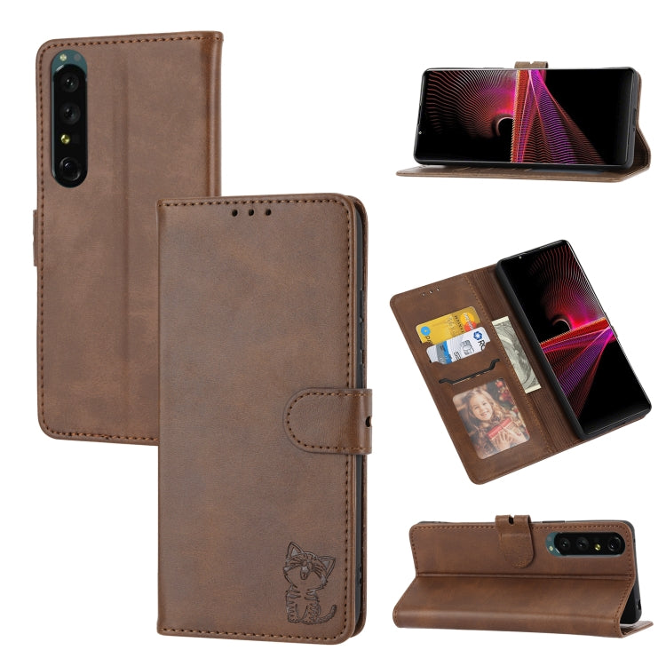 Brown embossed cat pattern leather wallet phone case with fold stand and card holder