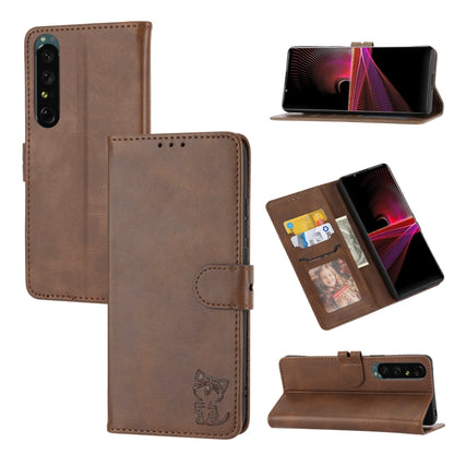 Brown embossed cat pattern leather wallet phone case with fold stand and card holder