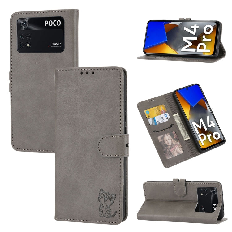 Grey embossed cat pattern leather flip phone case with card holder and viewing stand