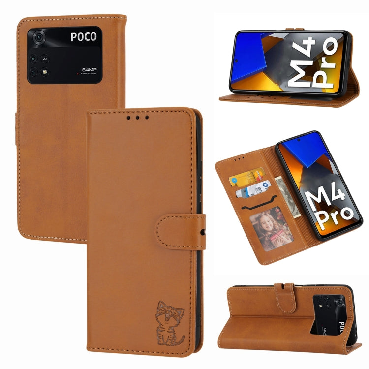 Brown leather folio phone case with embossed happy cat, card holder, and stand