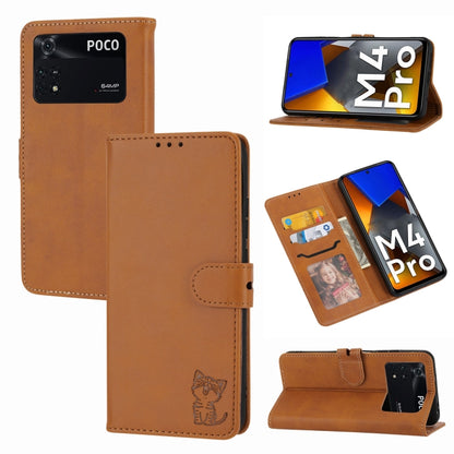 Brown leather folio phone case with embossed happy cat, card holder, and stand