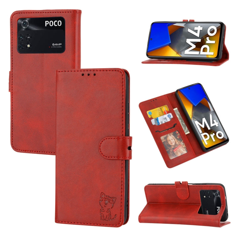 Red embossed cat leather phone case, flip cover with card slots
