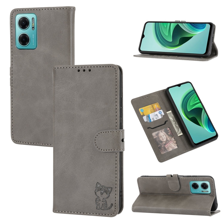Light gray embossed cat pattern leather wallet phone case with flip cover and card holder